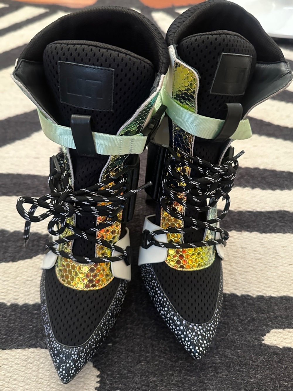 United Nude Black Heeled Boots with Iridescent Yellow-Green Accents